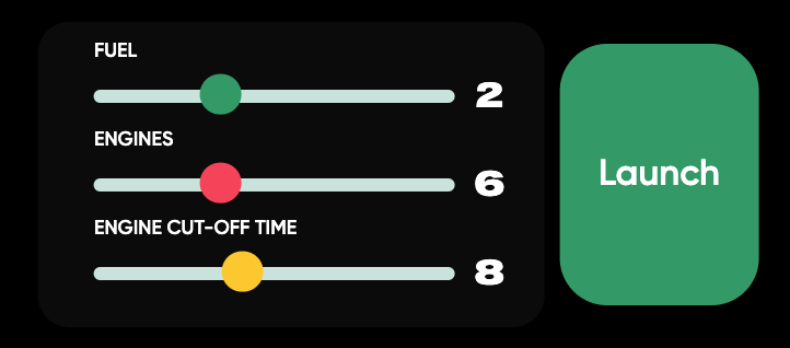 fuel, engine, and engine cut-off time selectors for launching your rocket